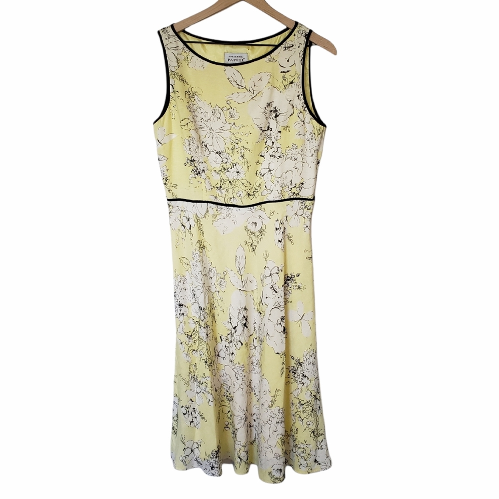 Adrianna Papell Yellow Floral Dress Sleeveless Linen Blend Lined. Size